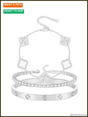 4 Leaf Clover Stacked Bracelets Set 18K White Gold Plated Layered Lucky Jewelry